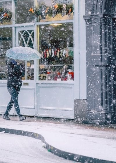 Frozen Custard Business Planning Time Img 1 Frozen custard business planning time is best during the winter or fall months. This image shows a woman walking down a street in front of a shop window that is displaying stockings and gifts. It's snowing and she's holding an open umbrella to protect herself from the snowfall.