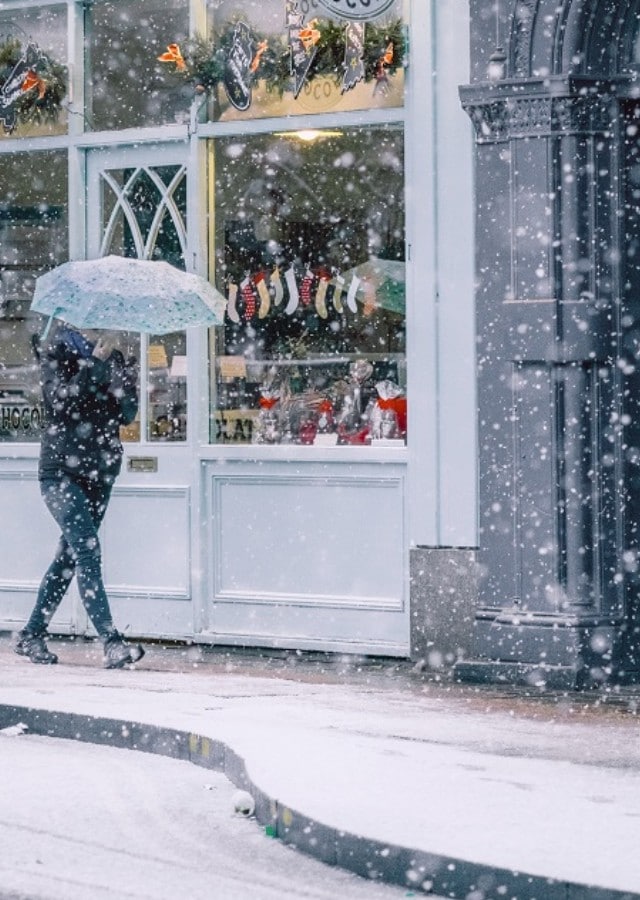 Frozen custard business planning time is best during the winter or fall months. This image shows a woman walking down a street in front of a shop window that is displaying stockings and gifts. It's snowing and she's holding an open umbrella to protect herself from the snowfall.