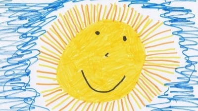 Off season inventory and staffing image shows a child's drawing of the sun with a smiling face & rays all around it. Around the sun are squiggly blue lines to indicate a blue sky.