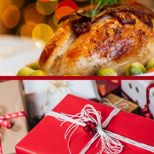 Heading into the holidays image is a combo of Thanksgiving & Christmas. Top pic shows a cooked, golden brown turkey. Pic on bottom is package wrapped in red paper.